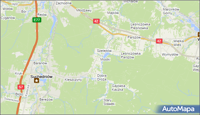 mapa Mostki gmina Suchedniów, Mostki gmina Suchedniów na mapie Targeo