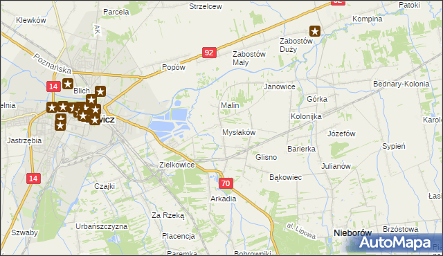 mapa Mysłaków gmina Nieborów, Mysłaków gmina Nieborów na mapie Targeo