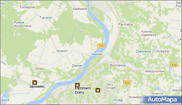 mapa Nasiłów gmina Janowiec, Nasiłów gmina Janowiec na mapie Targeo