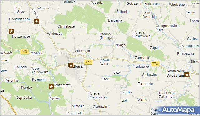 mapa Nowa Wieś gmina Skała, Nowa Wieś gmina Skała na mapie Targeo