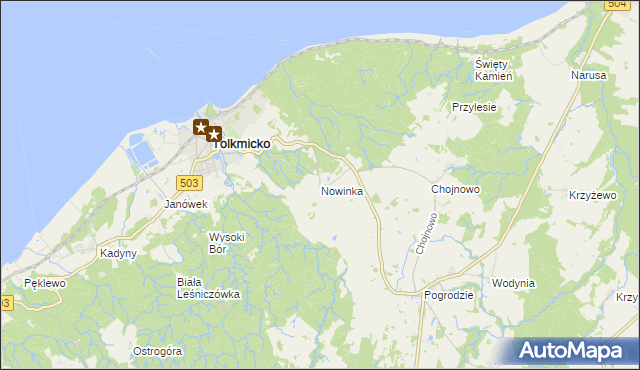 mapa Nowinka gmina Tolkmicko, Nowinka gmina Tolkmicko na mapie Targeo