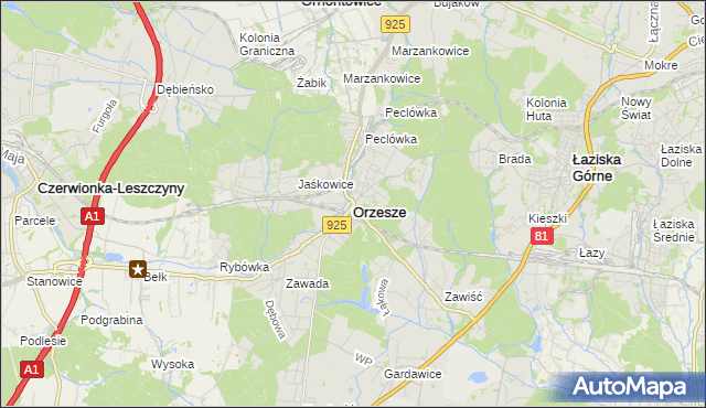 mapa Orzesze powiat mikołowski, Orzesze powiat mikołowski na mapie Targeo