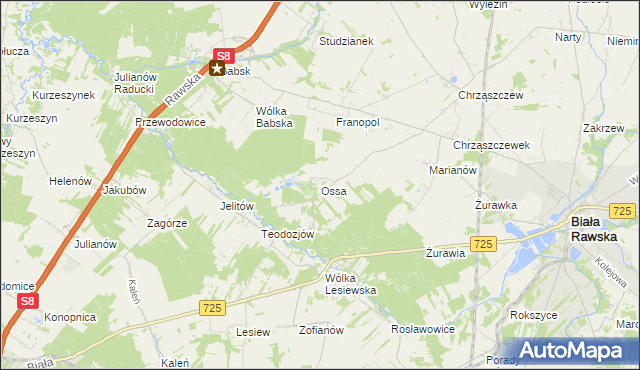 mapa Ossa gmina Biała Rawska, Ossa gmina Biała Rawska na mapie Targeo
