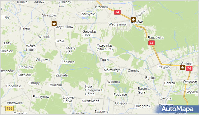 mapa Piaski gmina Mniów, Piaski gmina Mniów na mapie Targeo