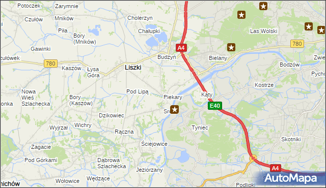 mapa Piekary gmina Liszki, Piekary gmina Liszki na mapie Targeo