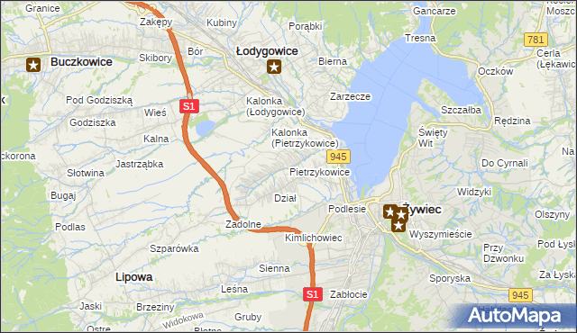 mapa Pietrzykowice gmina Łodygowice, Pietrzykowice gmina Łodygowice na mapie Targeo