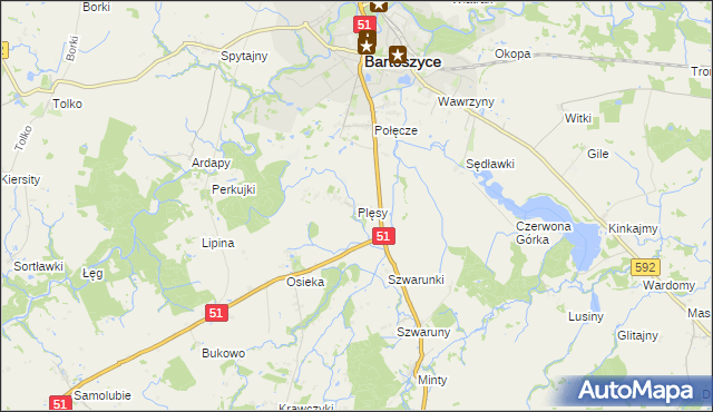 mapa Plęsy gmina Bartoszyce, Plęsy gmina Bartoszyce na mapie Targeo