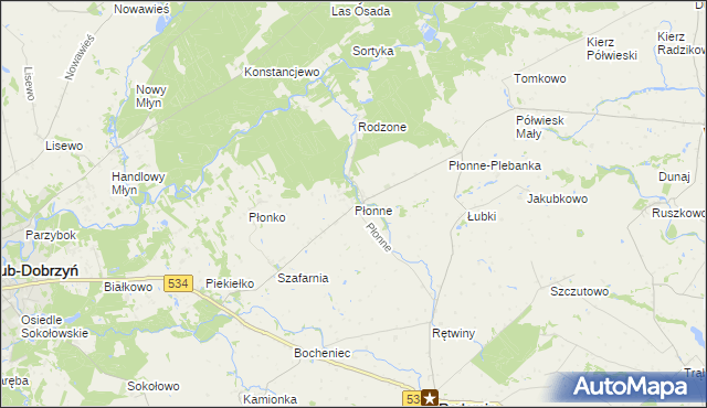 mapa Płonne gmina Radomin, Płonne gmina Radomin na mapie Targeo