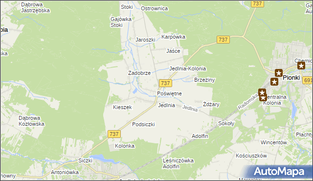 mapa Poświętne gmina Pionki, Poświętne gmina Pionki na mapie Targeo