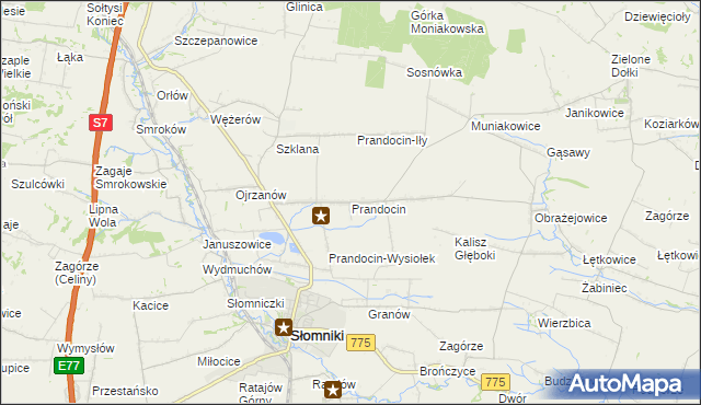 mapa Prandocin gmina Słomniki, Prandocin gmina Słomniki na mapie Targeo