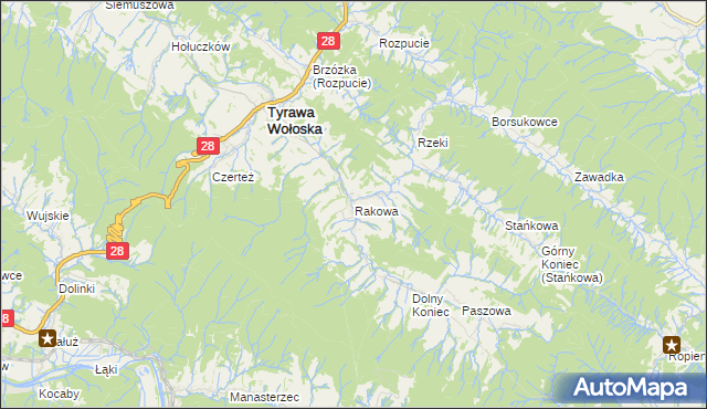 mapa Rakowa gmina Tyrawa Wołoska, Rakowa gmina Tyrawa Wołoska na mapie Targeo