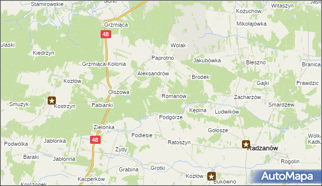 mapa Romanów gmina Wyśmierzyce, Romanów gmina Wyśmierzyce na mapie Targeo