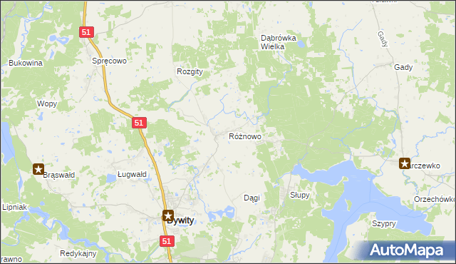 mapa Różnowo gmina Dywity, Różnowo gmina Dywity na mapie Targeo