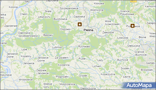 mapa Rychwałd gmina Pleśna, Rychwałd gmina Pleśna na mapie Targeo