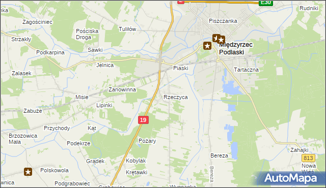 mapa Rzeczyca gmina Międzyrzec Podlaski, Rzeczyca gmina Międzyrzec Podlaski na mapie Targeo