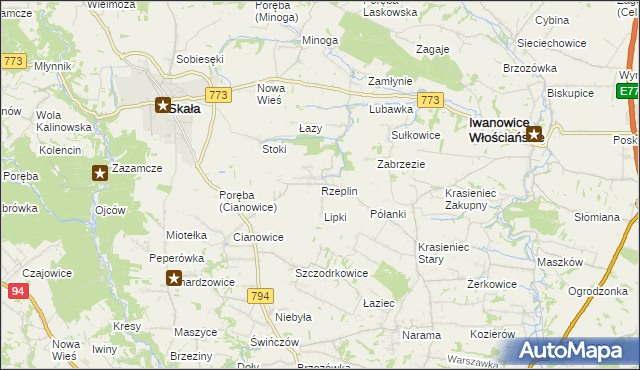 mapa Rzeplin gmina Skała, Rzeplin gmina Skała na mapie Targeo