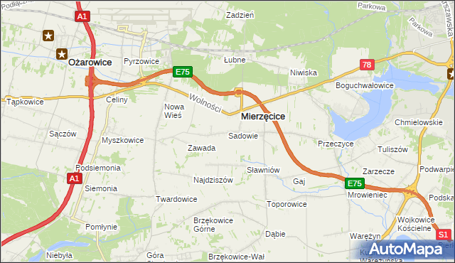 mapa Sadowie gmina Mierzęcice, Sadowie gmina Mierzęcice na mapie Targeo