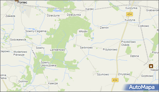 mapa Sarbinowo gmina Poniec, Sarbinowo gmina Poniec na mapie Targeo