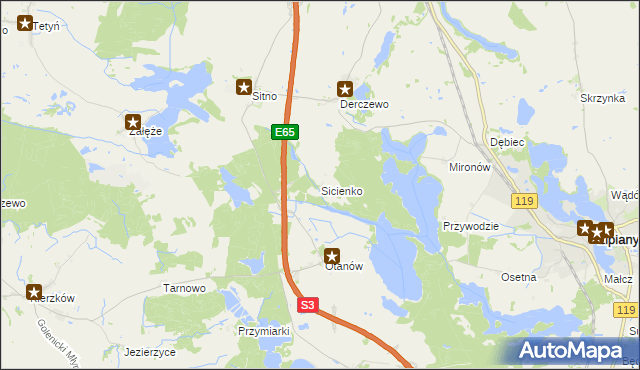 mapa Sicienko gmina Myślibórz, Sicienko gmina Myślibórz na mapie Targeo