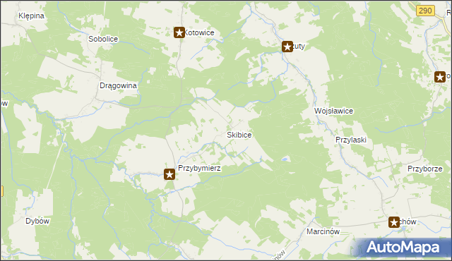 mapa Skibice gmina Nowogród Bobrzański, Skibice gmina Nowogród Bobrzański na mapie Targeo