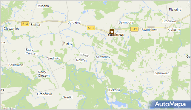 mapa Skowrony gmina Godkowo, Skowrony gmina Godkowo na mapie Targeo