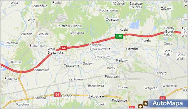 mapa Skrzyszów gmina Ostrów, Skrzyszów gmina Ostrów na mapie Targeo