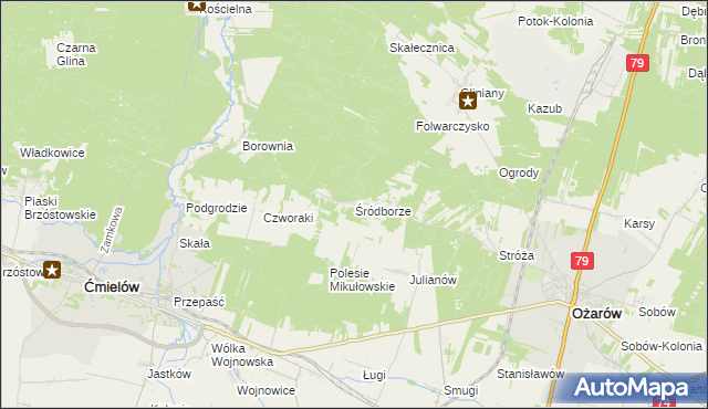 mapa Śródborze gmina Ożarów, Śródborze gmina Ożarów na mapie Targeo