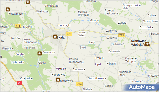 mapa Stoki gmina Skała, Stoki gmina Skała na mapie Targeo