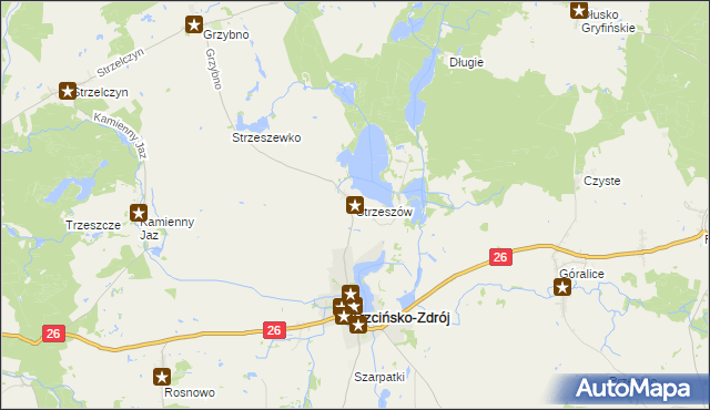 mapa Strzeszów gmina Trzcińsko-Zdrój, Strzeszów gmina Trzcińsko-Zdrój na mapie Targeo