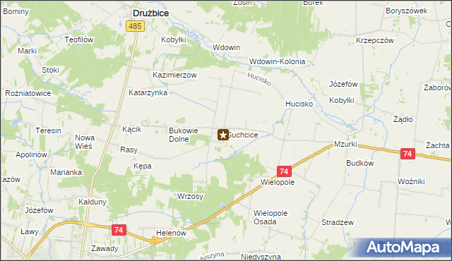 mapa Suchcice gmina Drużbice, Suchcice gmina Drużbice na mapie Targeo