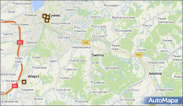 mapa Świnna powiat żywiecki, Świnna powiat żywiecki na mapie Targeo