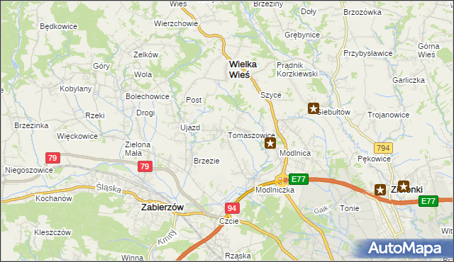 mapa Tomaszowice gmina Wielka Wieś, Tomaszowice gmina Wielka Wieś na mapie Targeo