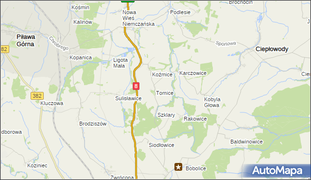 mapa Tomice gmina Ciepłowody, Tomice gmina Ciepłowody na mapie Targeo