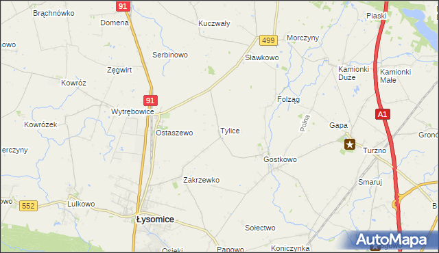 mapa Tylice gmina Łysomice, Tylice gmina Łysomice na mapie Targeo