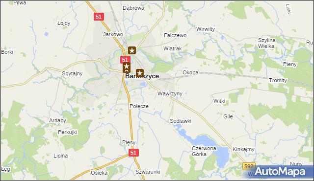 mapa Wawrzyny gmina Bartoszyce, Wawrzyny gmina Bartoszyce na mapie Targeo