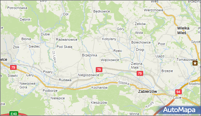 mapa Więckowice gmina Zabierzów, Więckowice gmina Zabierzów na mapie Targeo