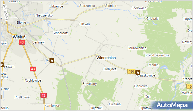 mapa Wierzchlas powiat wieluński, Wierzchlas powiat wieluński na mapie Targeo
