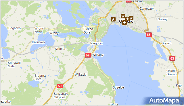 mapa Wilkasy gmina Giżycko, Wilkasy gmina Giżycko na mapie Targeo