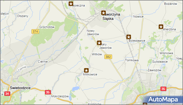 mapa Witków gmina Jaworzyna Śląska, Witków gmina Jaworzyna Śląska na mapie Targeo