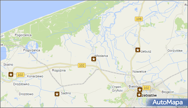 mapa Włodarka gmina Trzebiatów, Włodarka gmina Trzebiatów na mapie Targeo