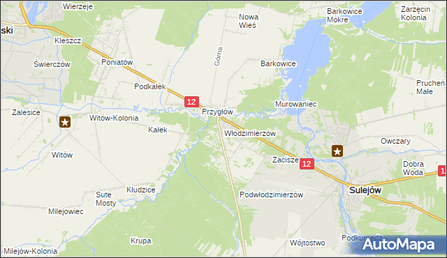 mapa Włodzimierzów gmina Sulejów, Włodzimierzów gmina Sulejów na mapie Targeo