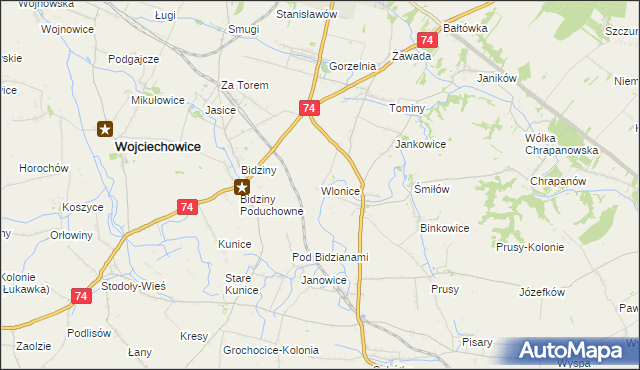 mapa Wlonice gmina Wojciechowice, Wlonice gmina Wojciechowice na mapie Targeo