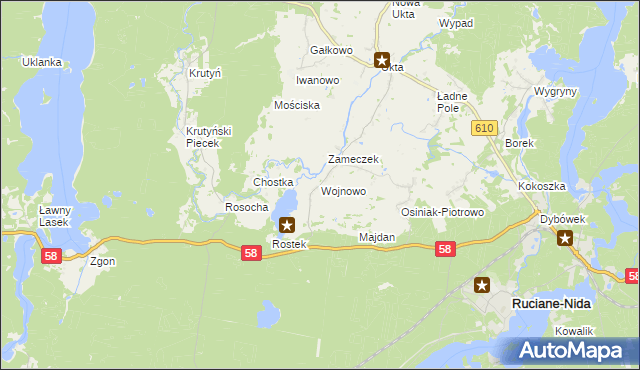 mapa Wojnowo gmina Ruciane-Nida, Wojnowo gmina Ruciane-Nida na mapie Targeo