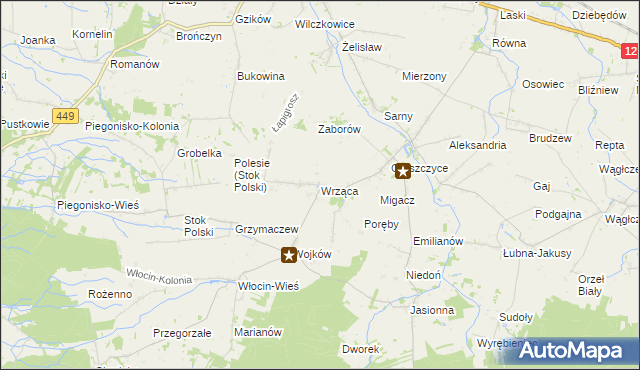 mapa Wrząca gmina Błaszki, Wrząca gmina Błaszki na mapie Targeo