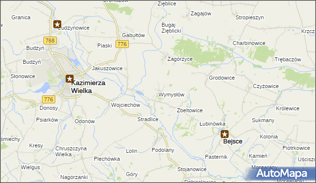 mapa Wymysłów gmina Kazimierza Wielka, Wymysłów gmina Kazimierza Wielka na mapie Targeo