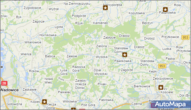 mapa Wysoka gmina Wadowice, Wysoka gmina Wadowice na mapie Targeo