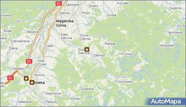 mapa Żabnica gmina Węgierska Górka, Żabnica gmina Węgierska Górka na mapie Targeo