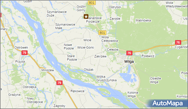 mapa Zakrzew gmina Wilga, Zakrzew gmina Wilga na mapie Targeo