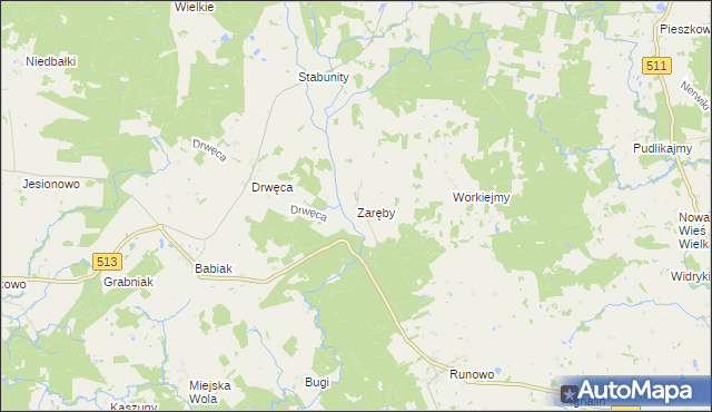 mapa Zaręby gmina Lidzbark Warmiński, Zaręby gmina Lidzbark Warmiński na mapie Targeo