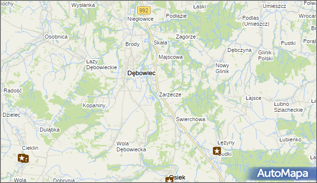 mapa Zarzecze gmina Dębowiec, Zarzecze gmina Dębowiec na mapie Targeo